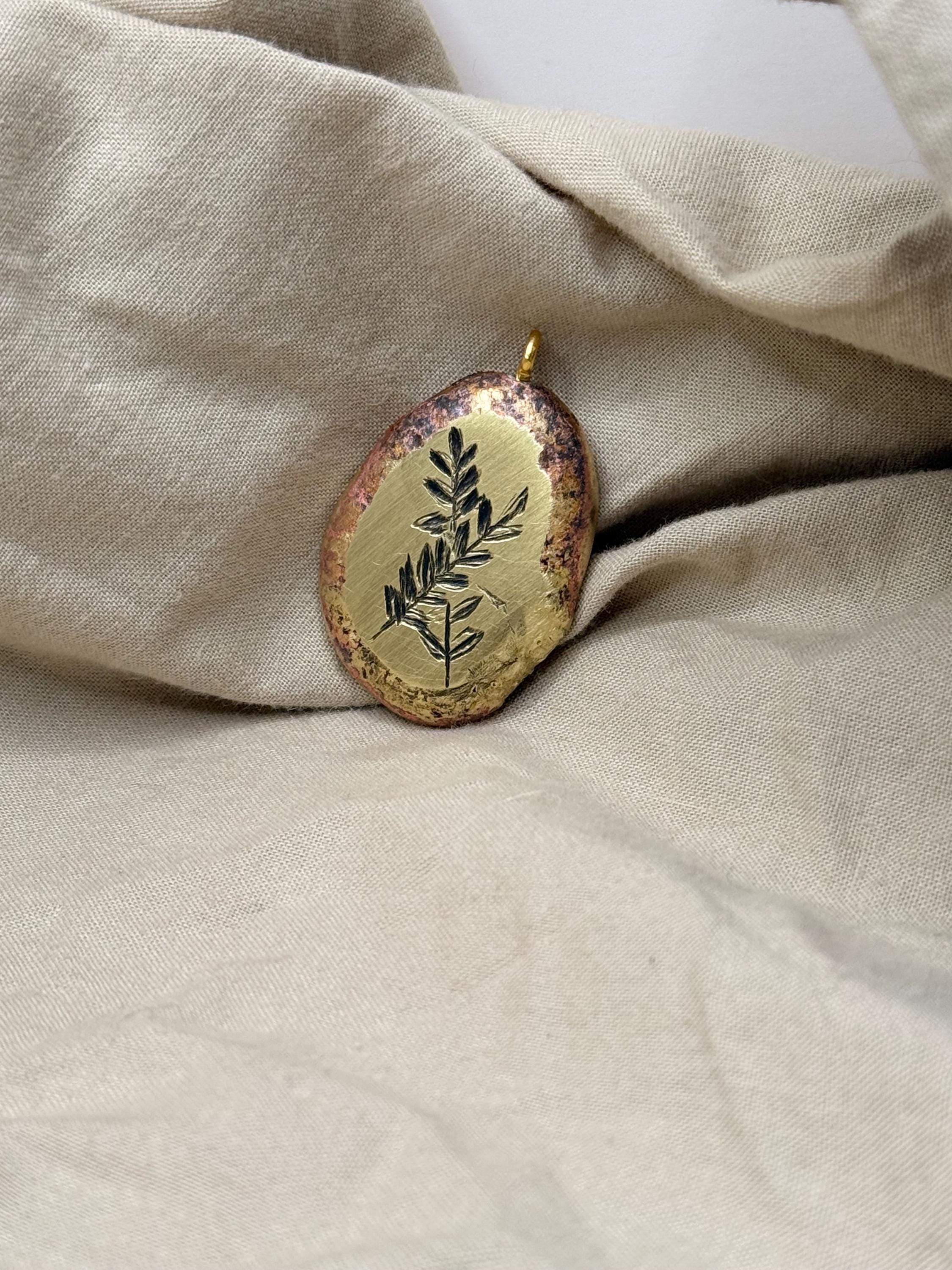 Hand Engraved Brass Flower Pendant Necklace – Personalized Botanical Jewelry