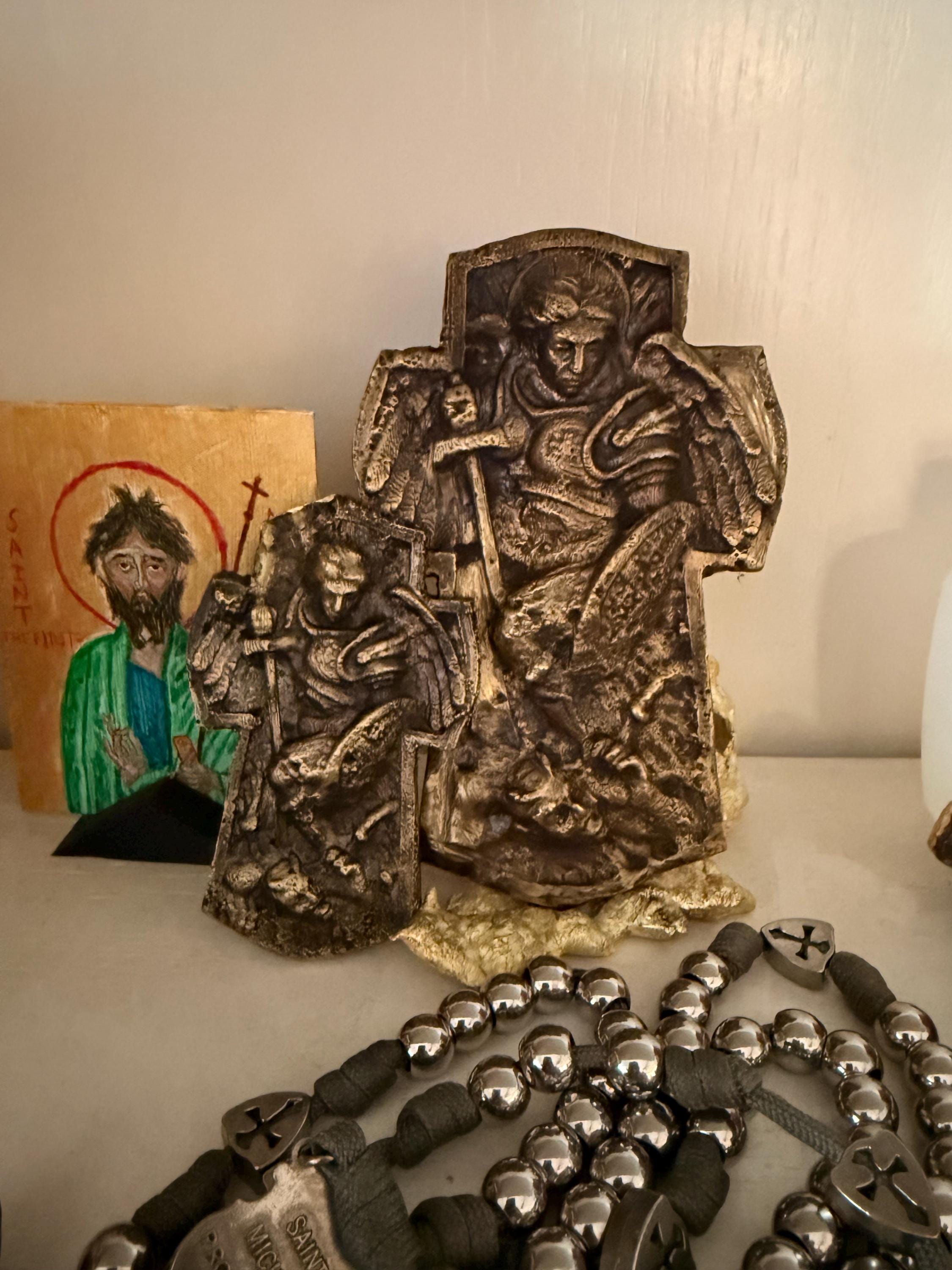 Hand-Cast Solid Brass St. Michael Plaque – Christian Home Altar Icon