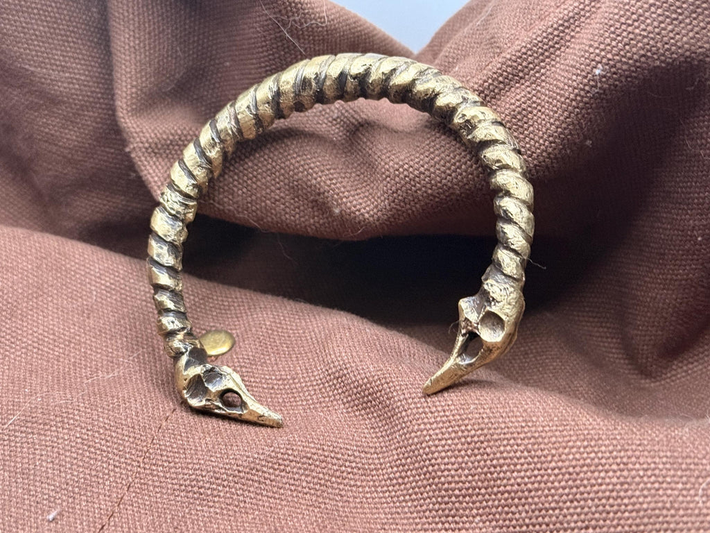 Handcrafted Brass Raven Skull Torque Bracelet | Norse-Inspired Open Cuff | Rustic Cast Jewelry