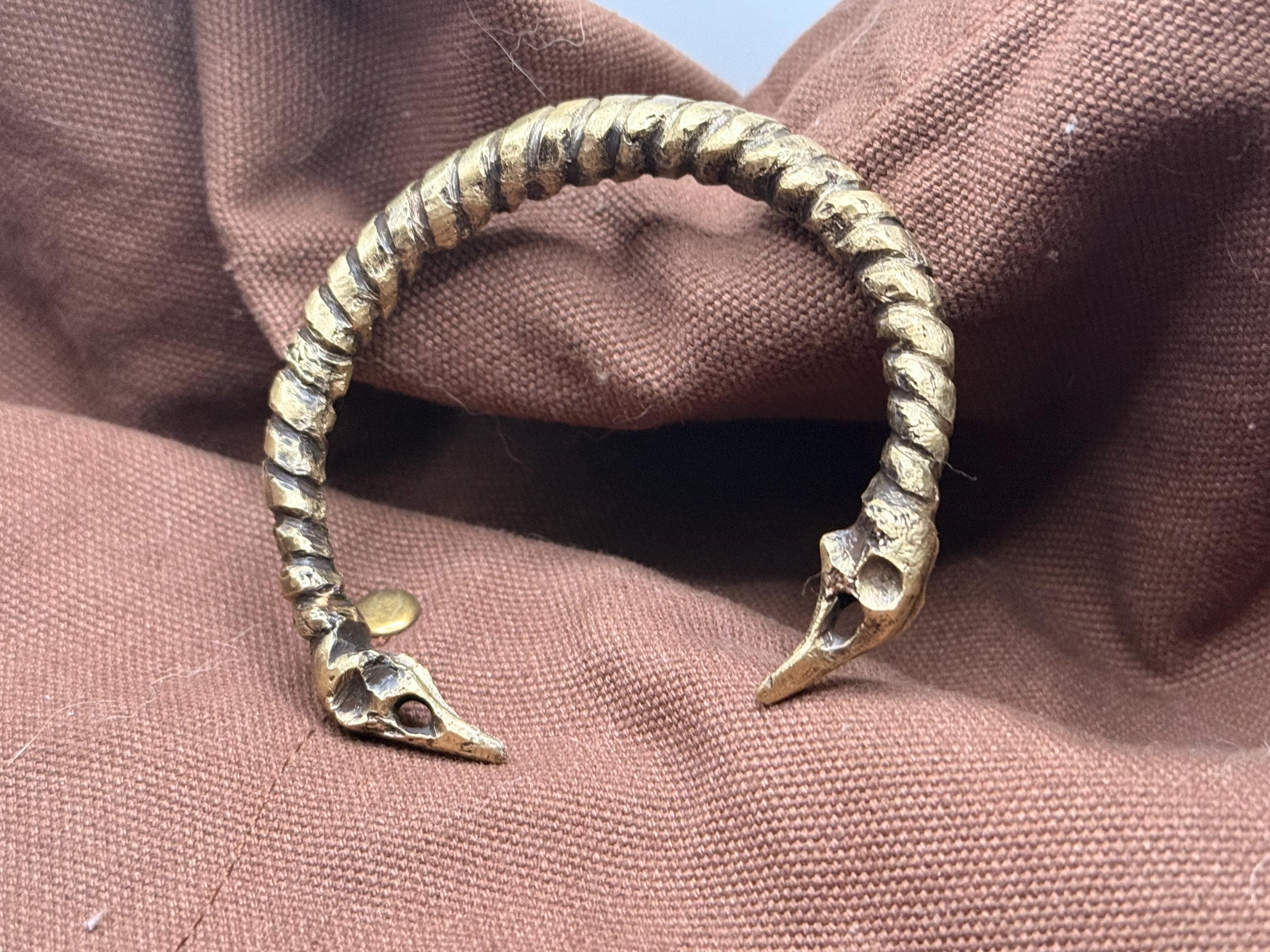 Handcrafted Brass Raven Skull Torque Bracelet | Norse-Inspired Open Cuff | Rustic Cast Jewelry