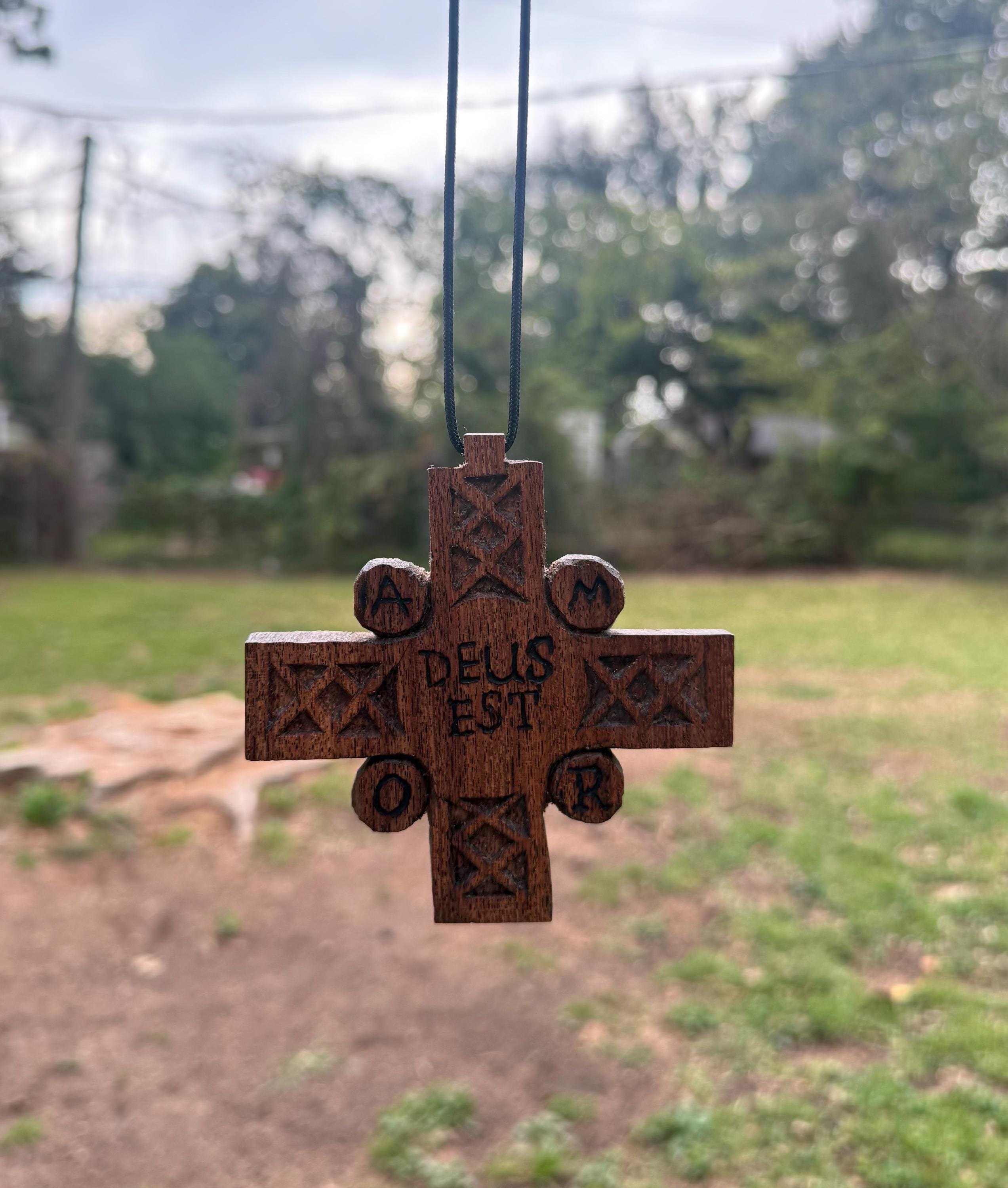 Handcrafted Wooden Cross Pendant – “Deus Est Amor” | Christian Necklace | Celtic-Inspired Sacred Geometry Design