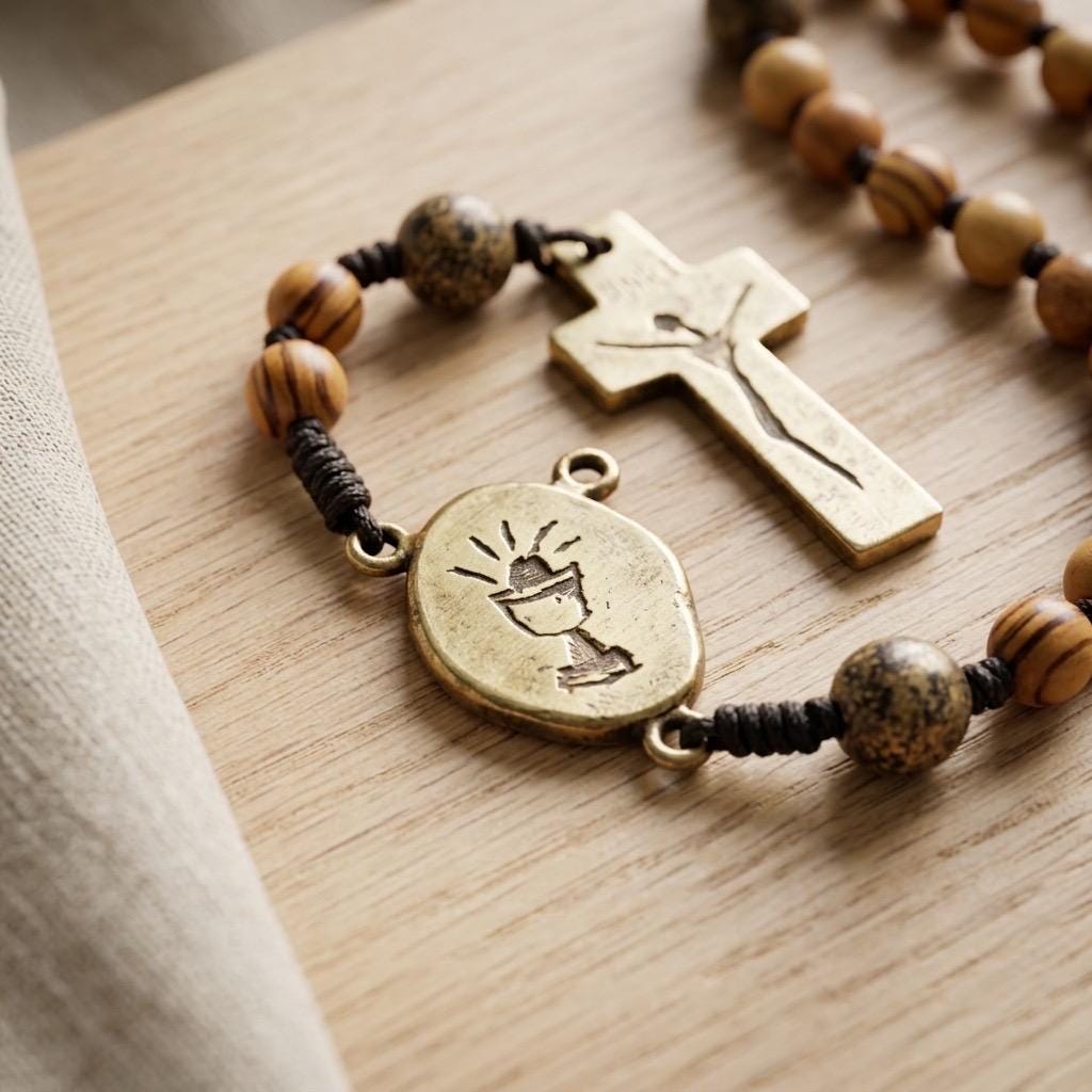 Hand-Engraved Brass and Olive Wood Rosary | Minimalistic Christian Prayer Beads
