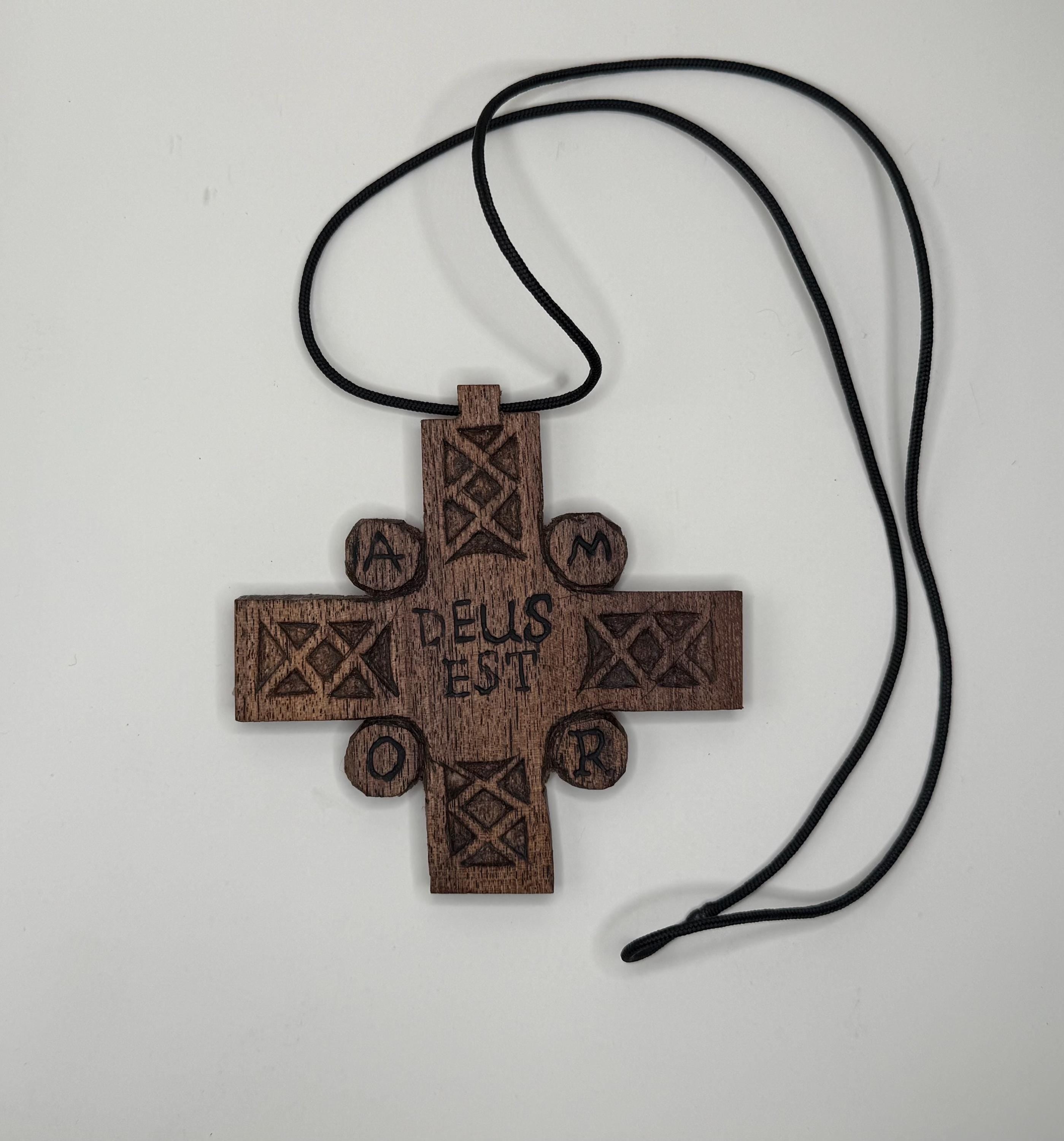 Handcrafted Wooden Cross Pendant – “Deus Est Amor” | Christian Necklace | Celtic-Inspired Sacred Geometry Design