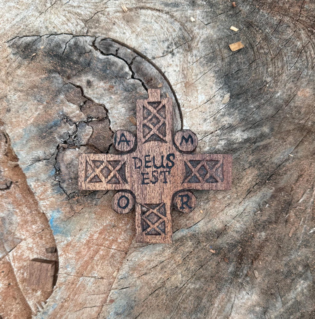Handcrafted Wooden Cross Pendant – “Deus Est Amor” | Christian Necklace | Celtic-Inspired Sacred Geometry Design