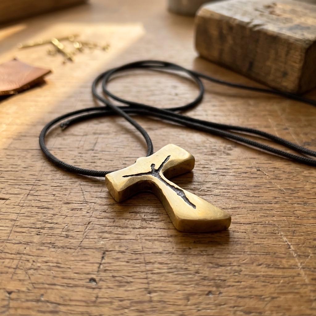 Brass Tau Cross Neclace; Handmade in the USA.