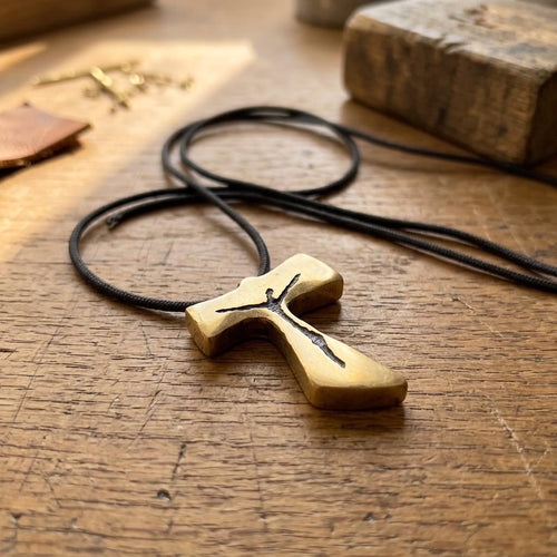 Brass Tau Cross Neclace; Handmade in the USA.