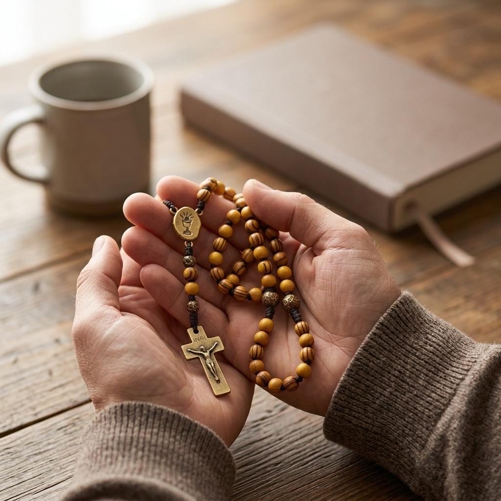 Hand-Engraved Brass and Olive Wood Rosary | Minimalistic Christian Prayer Beads