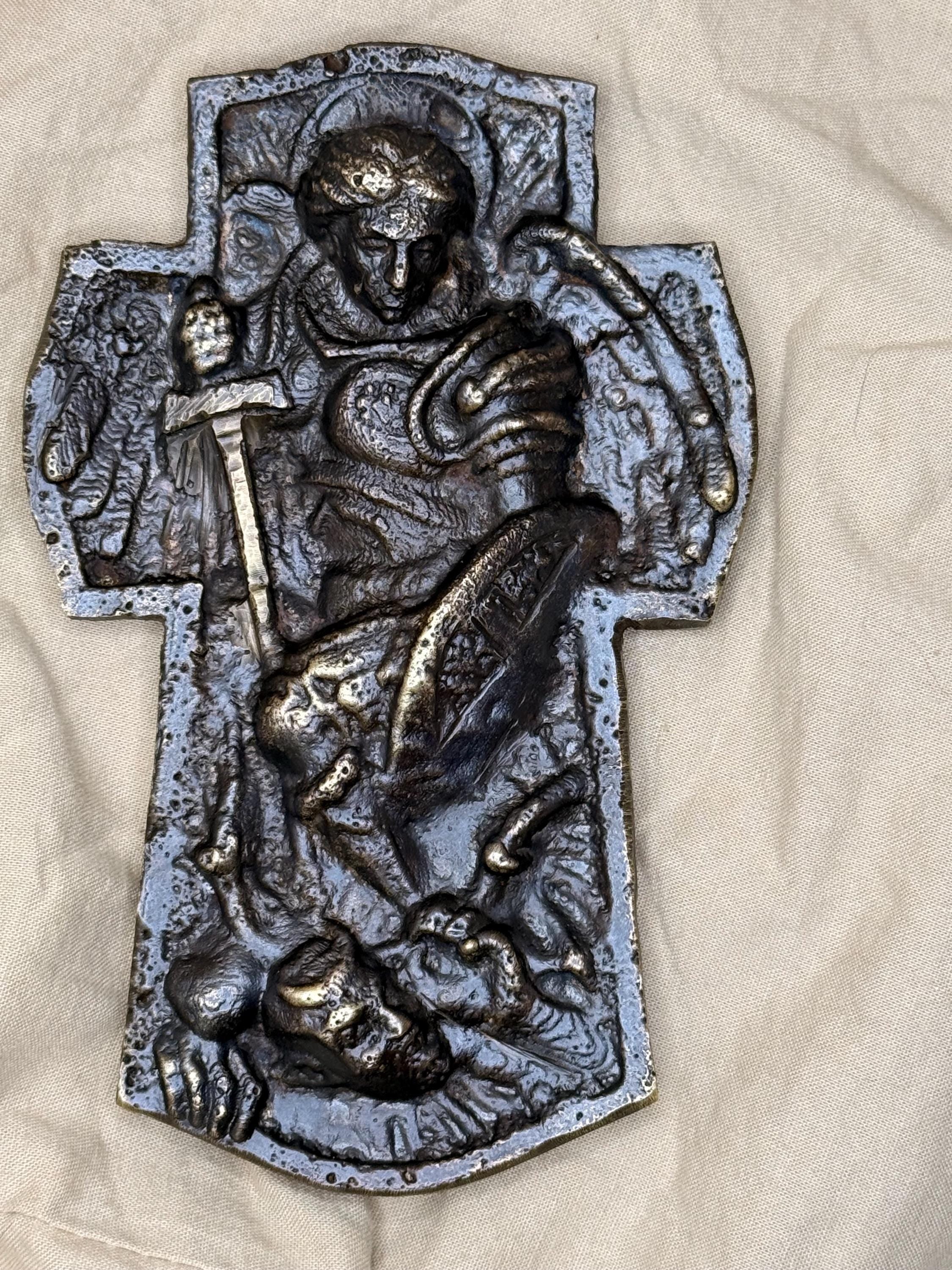 Hand-Cast Solid Brass St. Michael Plaque – Christian Home Altar Icon