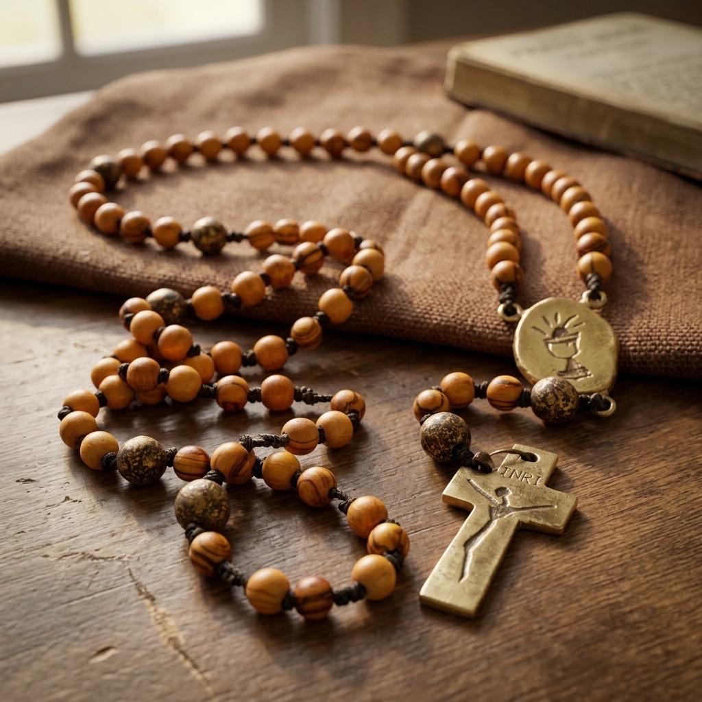 Hand-Engraved Brass and Olive Wood Rosary | Minimalistic Christian Prayer Beads