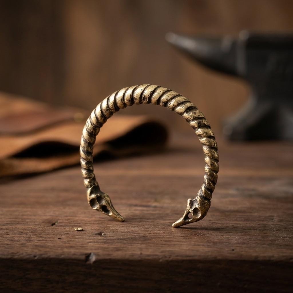 Handcrafted Brass Raven Skull Torque Bracelet | Norse-Inspired Open Cuff | Rustic Cast Jewelry