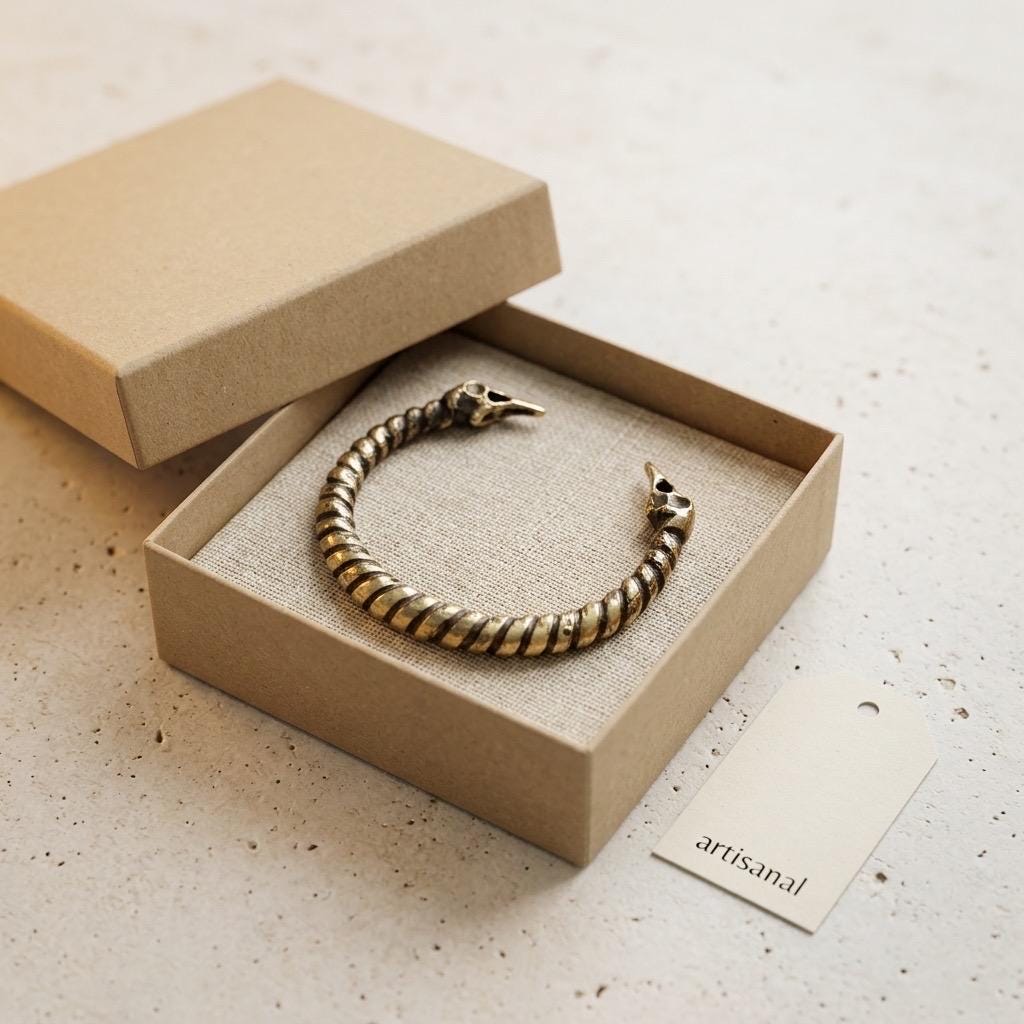 Handcrafted Brass Raven Skull Torque Bracelet | Norse-Inspired Open Cuff | Rustic Cast Jewelry