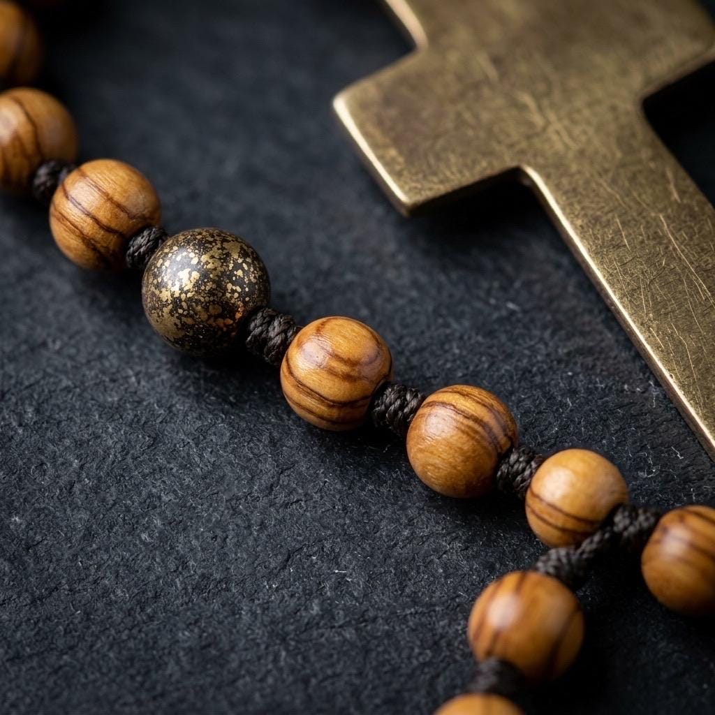 Hand-Engraved Brass and Olive Wood Rosary | Minimalistic Christian Prayer Beads