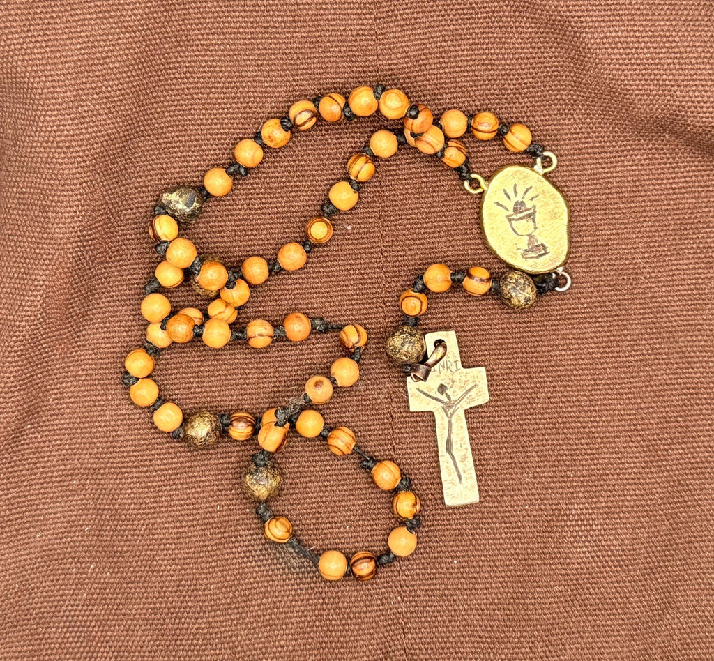 Hand-Engraved Brass and Olive Wood Rosary | Minimalistic Christian Prayer Beads