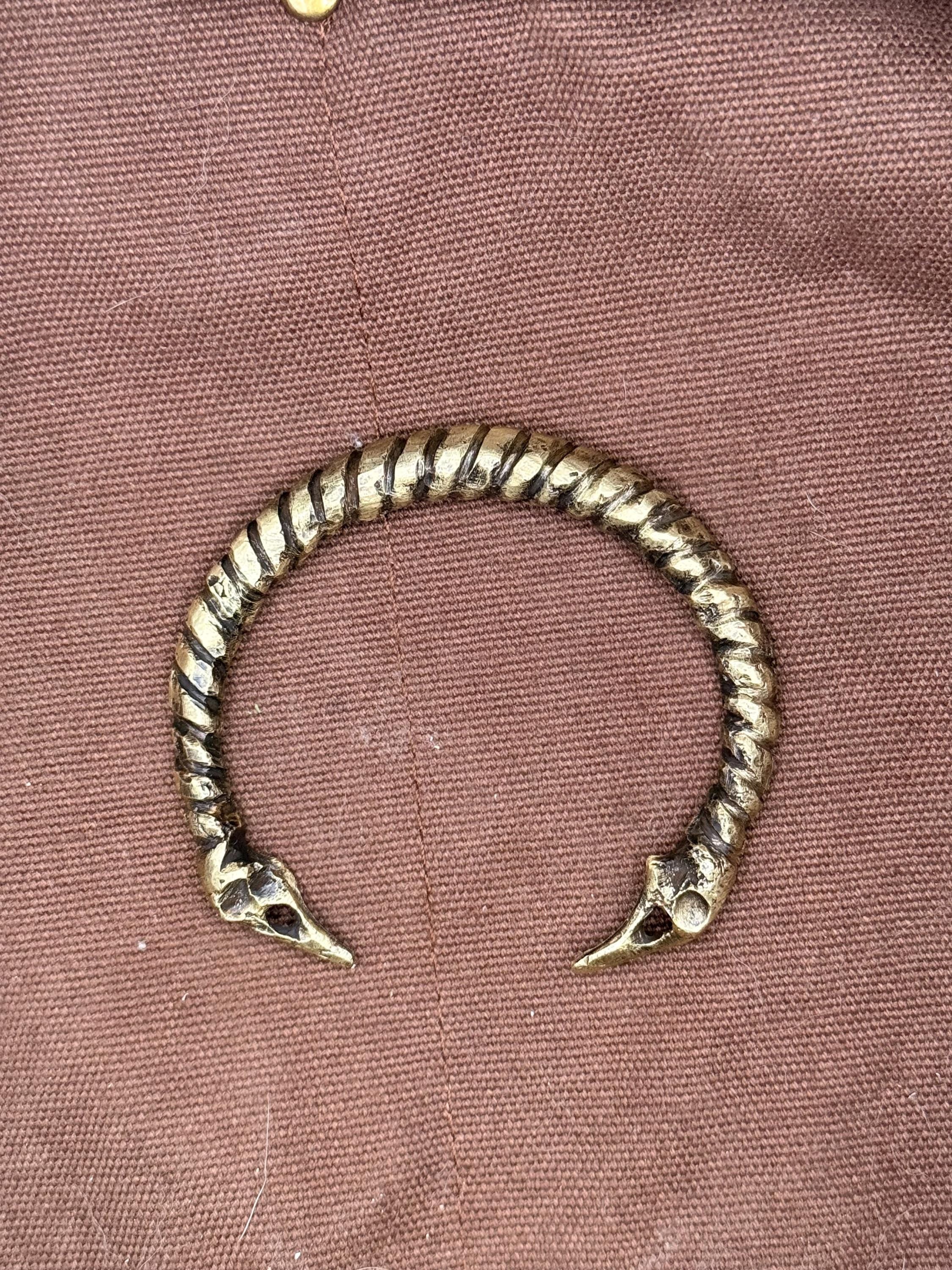 Handcrafted Brass Raven Skull Torque Bracelet | Norse-Inspired Open Cuff | Rustic Cast Jewelry