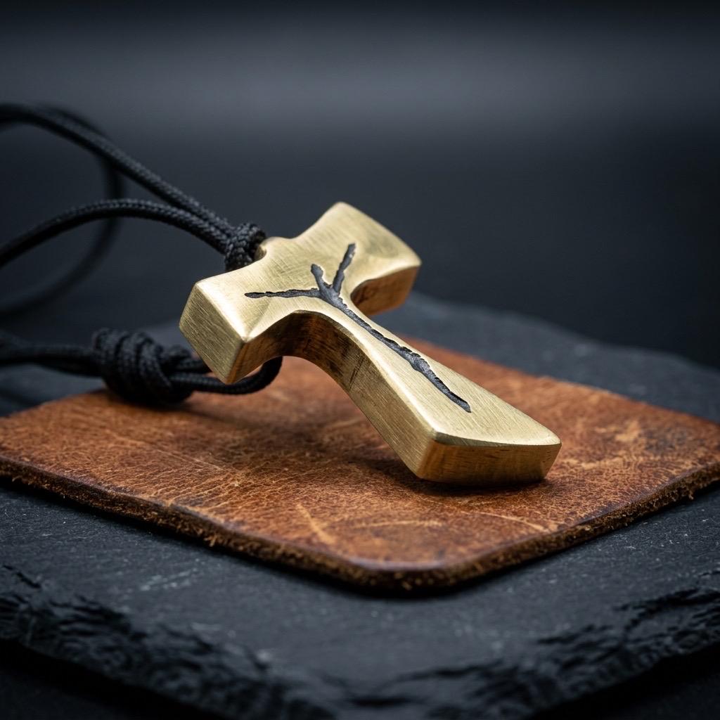 Brass Tau Cross Neclace; Handmade in the USA.